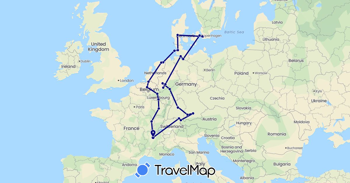 TravelMap itinerary: driving in Austria, Belgium, Germany, Denmark, France, Luxembourg, Netherlands, Sweden (Europe)
